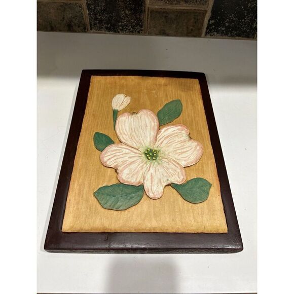 Vintage Wood Engraved 3D Hand Painted Raised Flower Art. Arts Wall Plaque. - Picture 1 of 8
